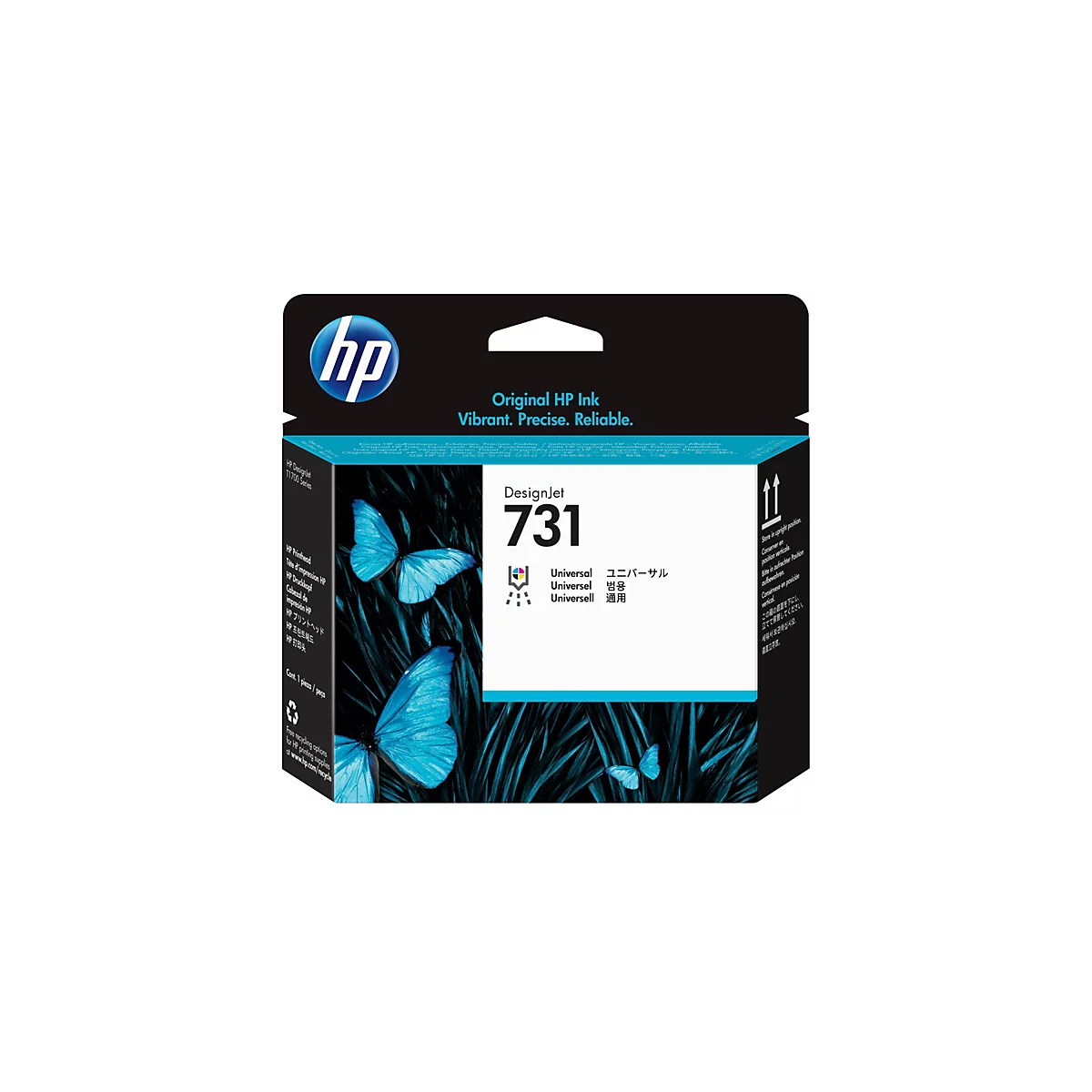 HP DesignJet 731 Tintenpatrone, blau-schwarze Verpackung mit Schmetterlingen.