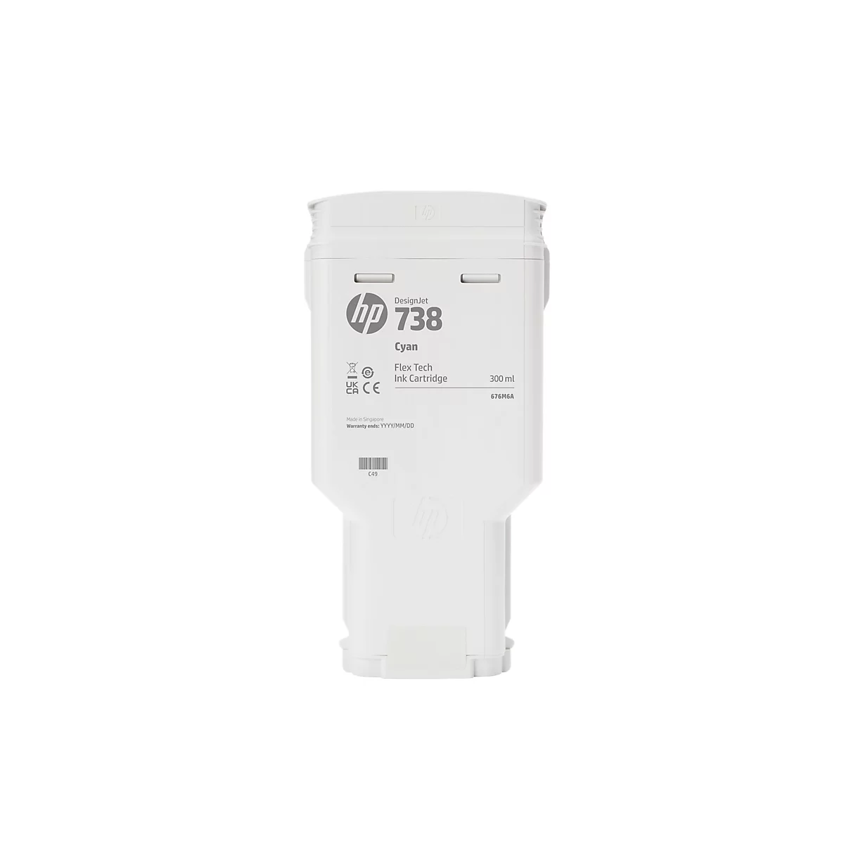 Eine weiße HP DesignJet 738 Flex Tech Cyan Tintenpatrone. Aufschrift: 300 ml, 676M6A.