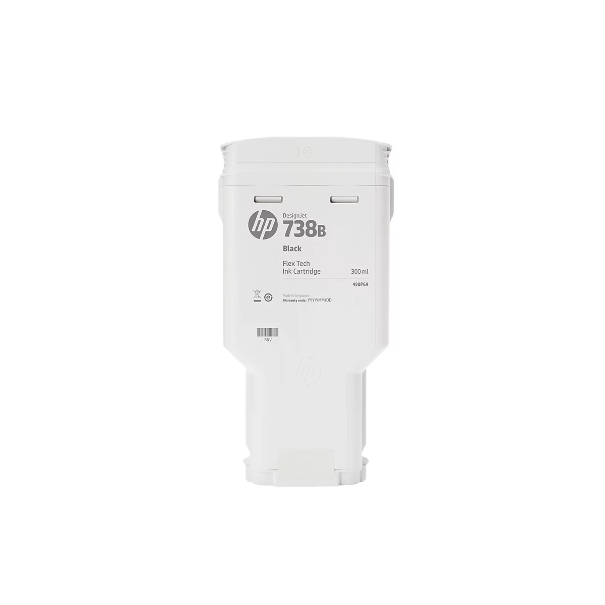 Schwarze HP DesignJet 738B Tintenpatrone, Flex Tech, 300 ml. Weißes Gehäuse, HP Logo und Produktbezeichnung.