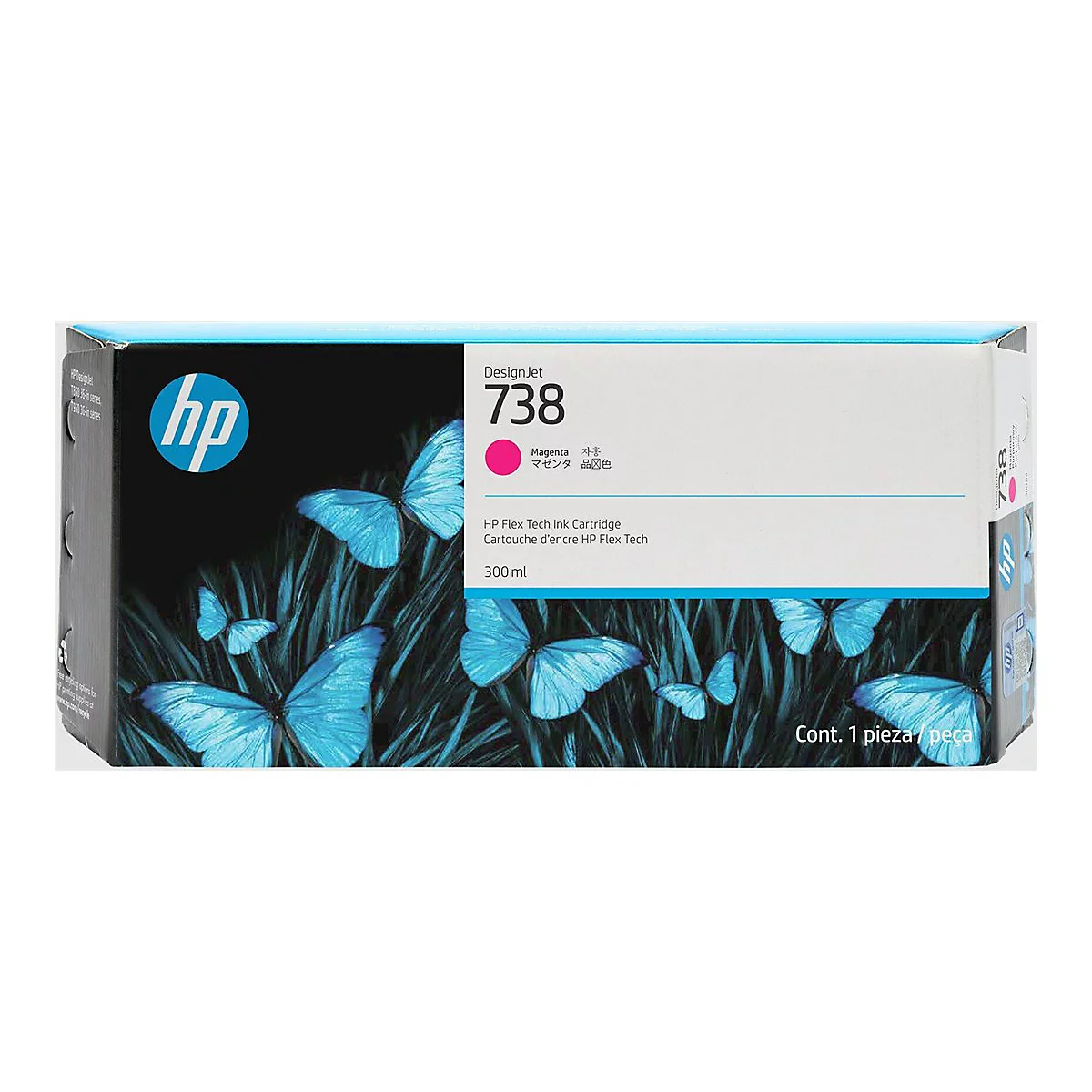 HP-Druckerpatrone, abgebildet mit Schmetterlingen. Aufgedruckt sind Produktbezeichnung, Farbe, Tintenmenge.