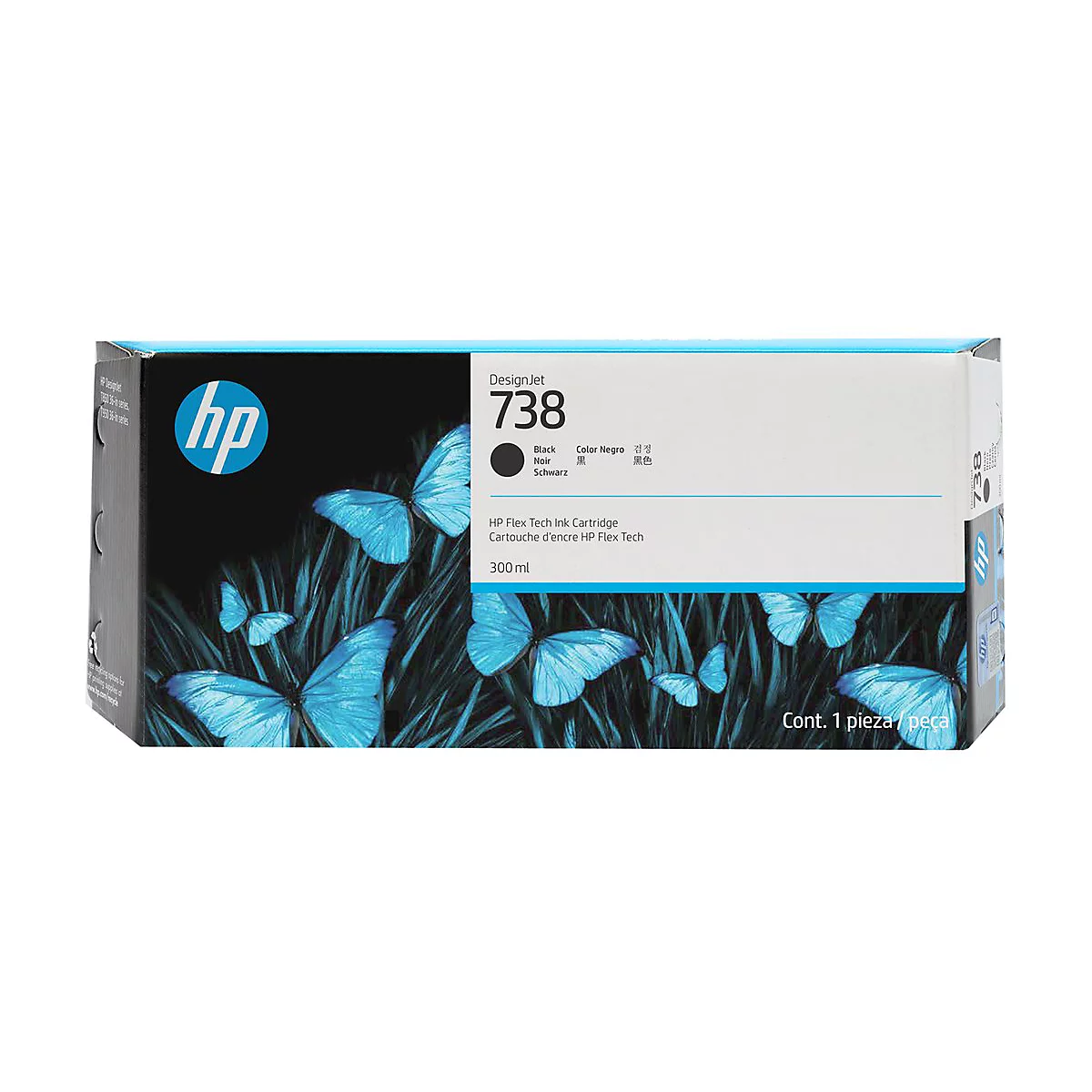 HP Tintenpatrone DesignJet 738, schwarze Tinte, Schmetterlinge im Hintergrund.