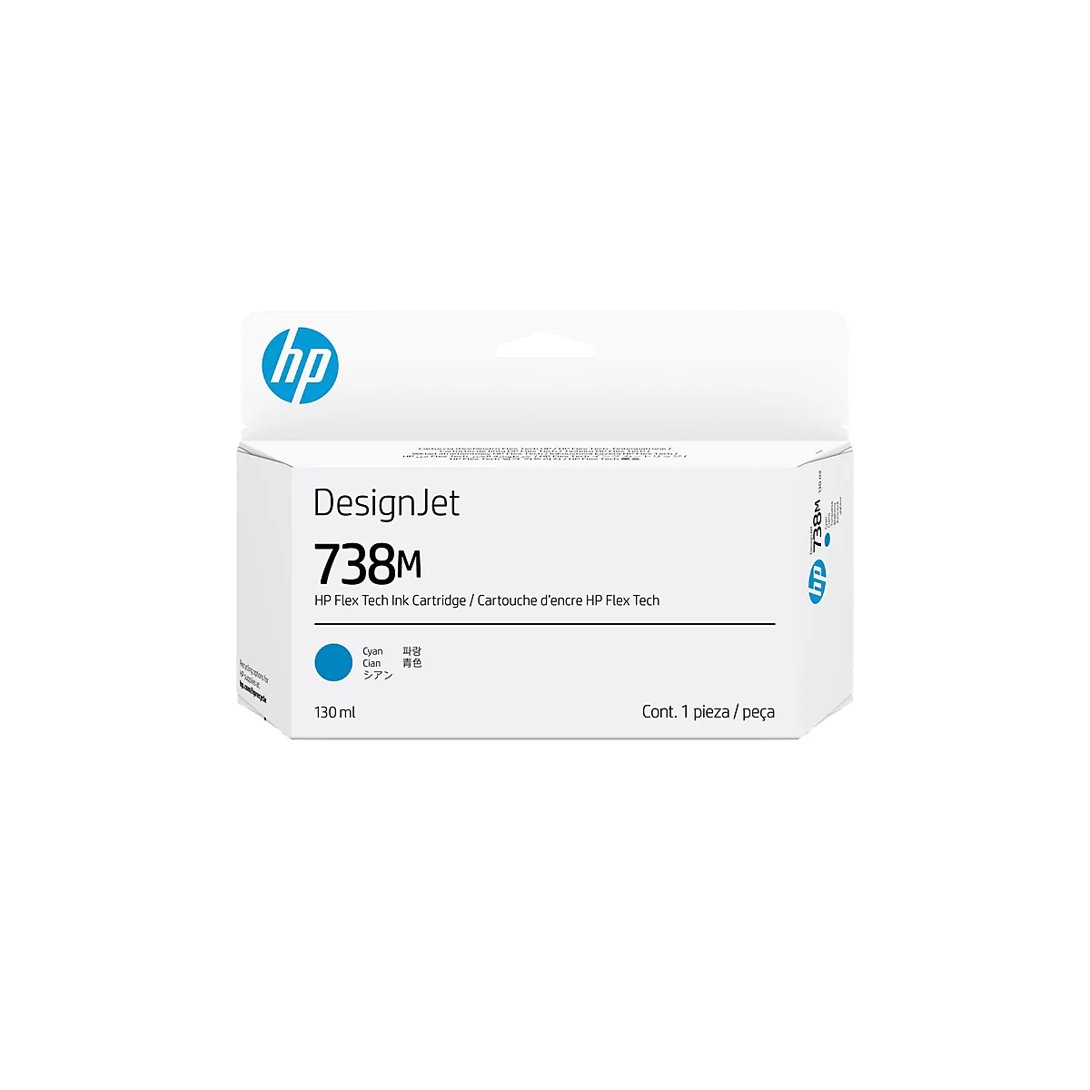 Un emballage de cartouche d'encre HP blanc, avec l'inscription "DesignJet 738M" et la couleur "Cyan".