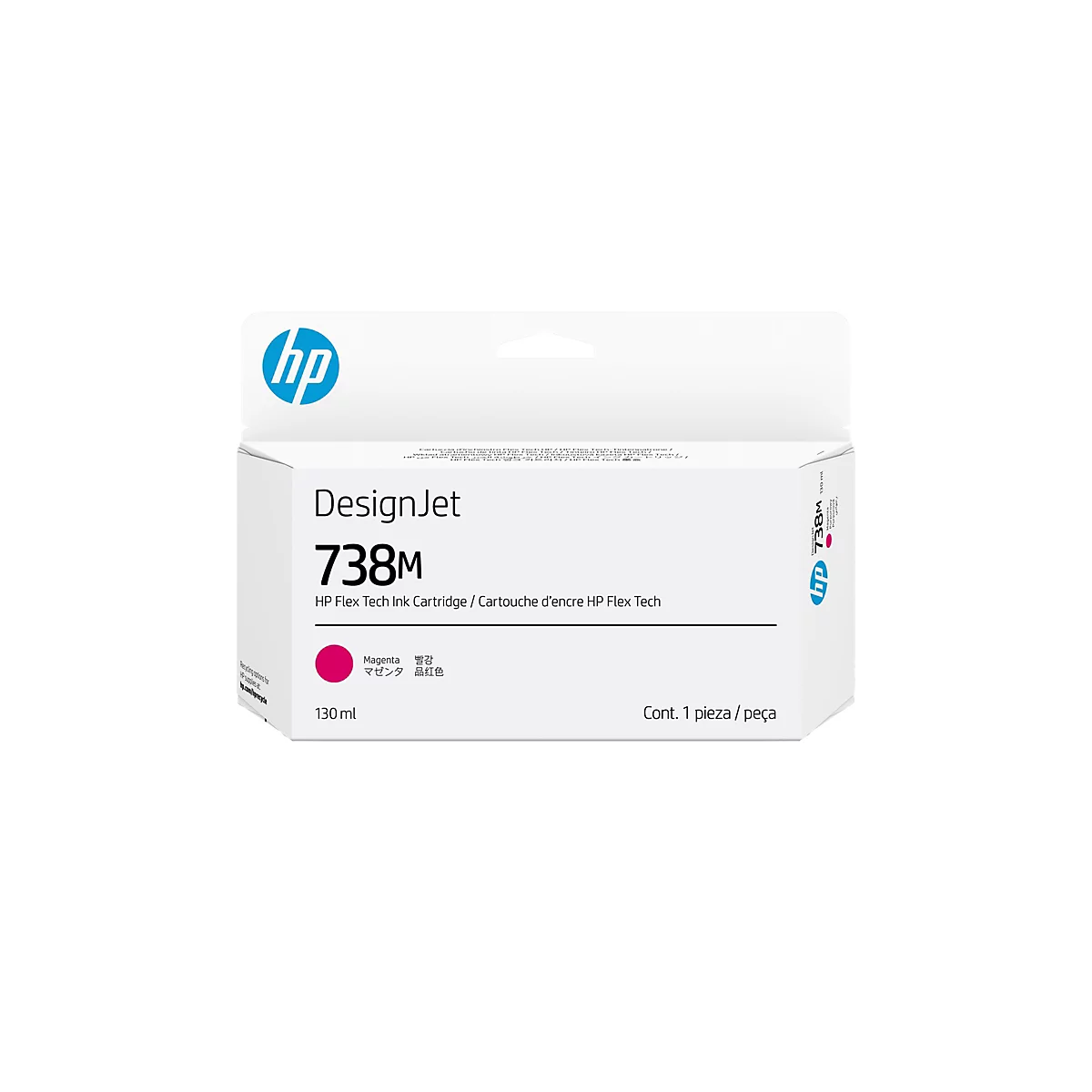 Un emballage de cartouche d'encre HP blanc, avec l'inscription "DesignJet 738M", couleur magenta, 130 ml, logo HP.