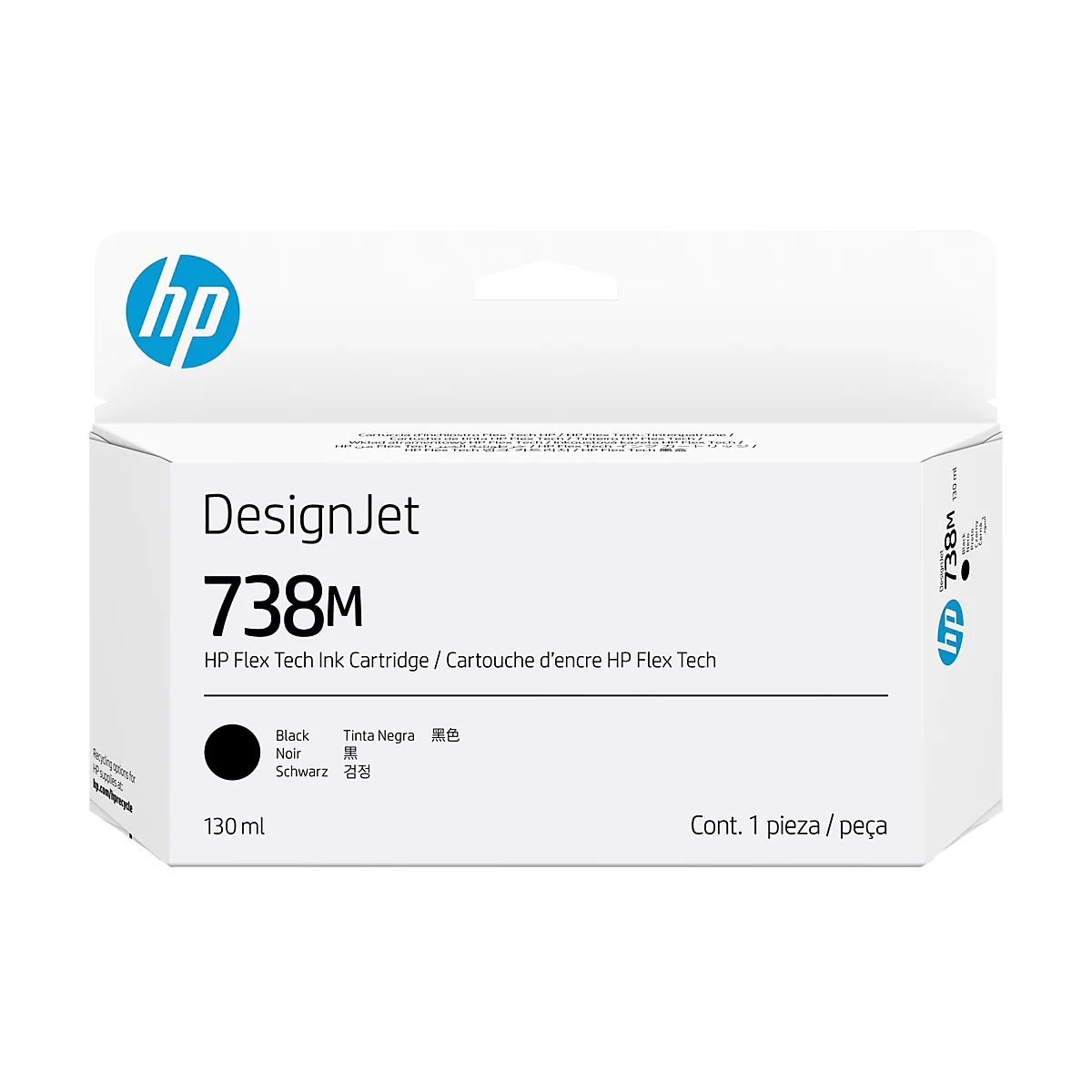 Une boîte de cartouche d'encre HP blanche avec le logo HP et les mots DesignJet 738M. Sur la boîte, il est également écrit : Noir dans plusieurs langues.