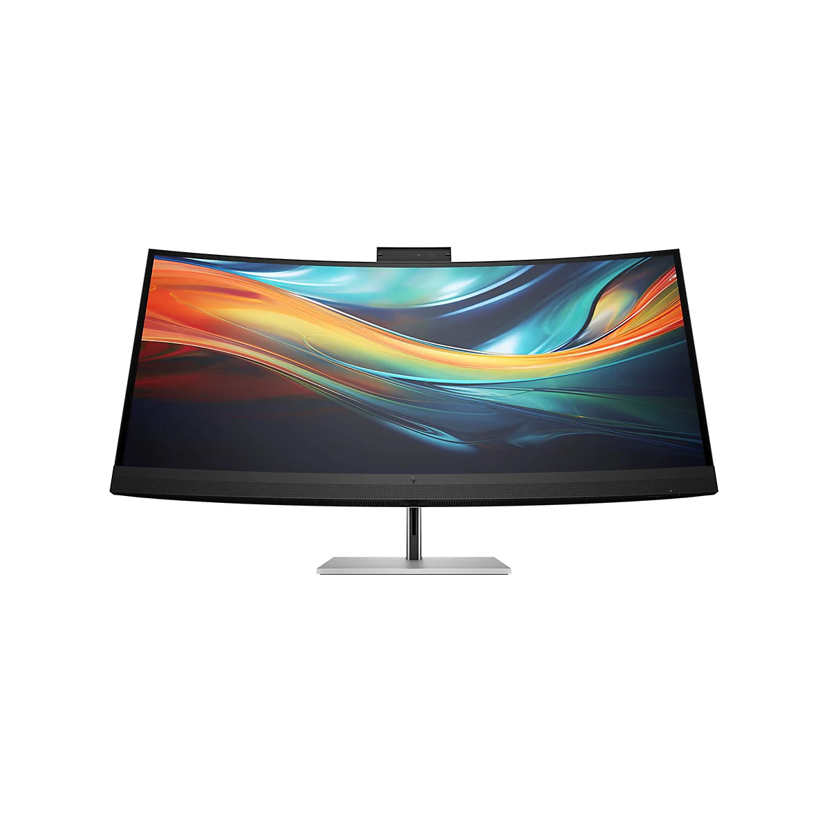 HP Curved Monitor mit buntem, geschwungenem Hintergrundbild vor weißem Hintergrund.