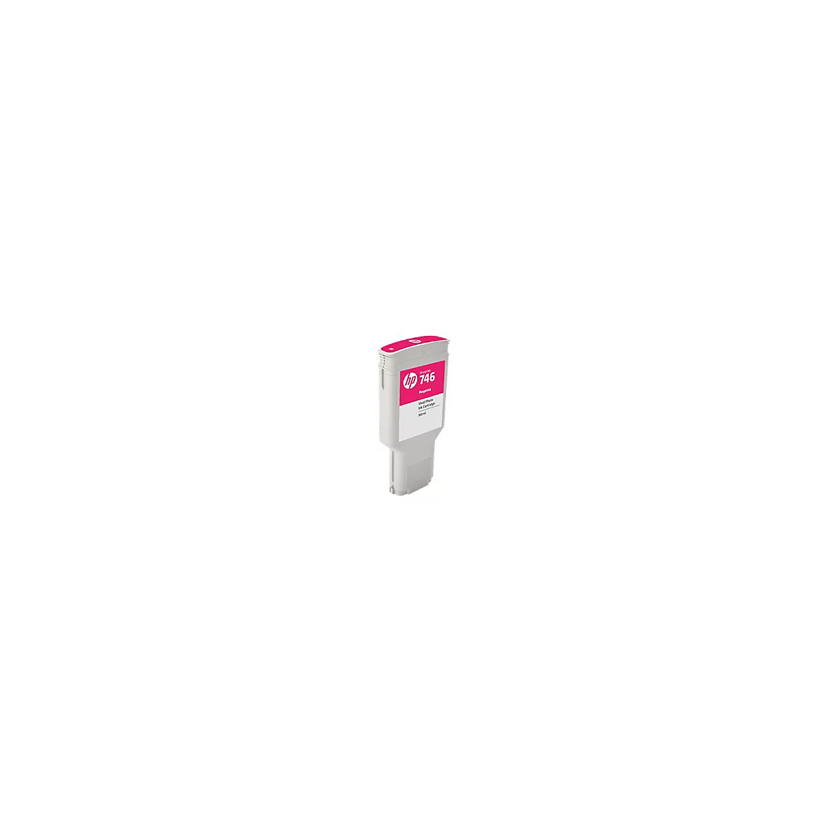 Eine HP 746 Magenta Tintenpatrone. Die Patrone hat einen weißen Körper, eine pinke Oberseite und einen pinken Aufkleber mit Produktinformationen.