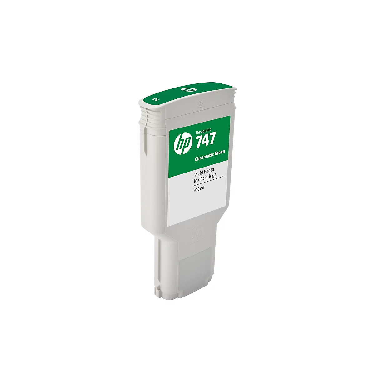Graue HP Designjet 747 Tintenpatrone, Grün bedruckt, weißer Hintergrund.