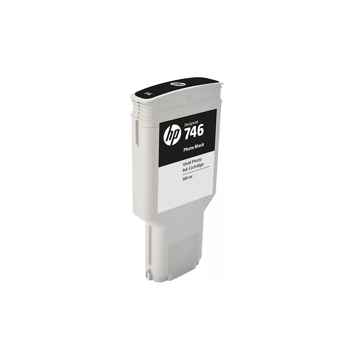 Hellgraue HP Designjet 746 Tintenpatrone für Fotodruck, weißes Etikett mit Aufdruck. "Photo Black", "Vivid Photo Ink Cartridge".