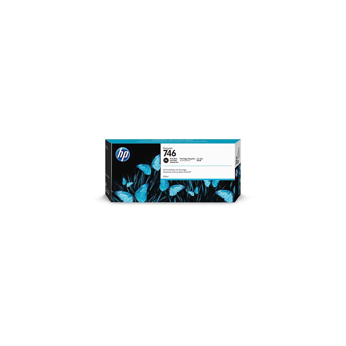 Eine HP Designjet 746 Tintenpatrone. Blau-schwarze Verpackung mit Schmetterlingen und Produktinformationen.