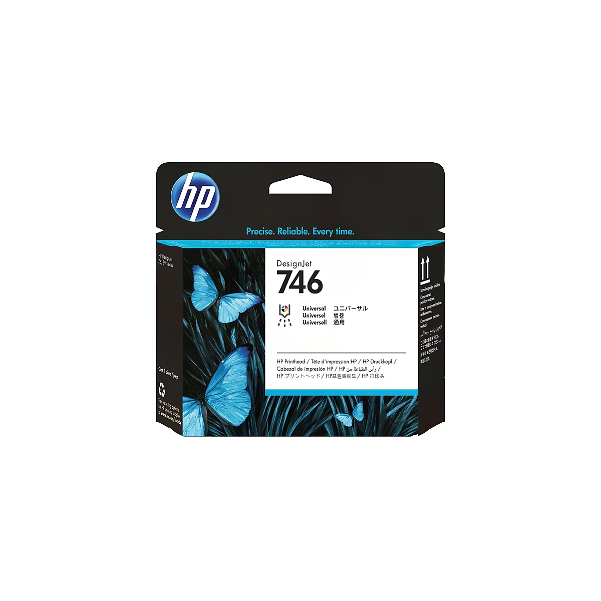 Schwarze HP-Tintenpatronen-Verpackung mit blauen Schmetterlingen. Aufgedruckt sind Produktbezeichnungen, der HP-Markenname und der Text „Precise. Reliable. Every time.“