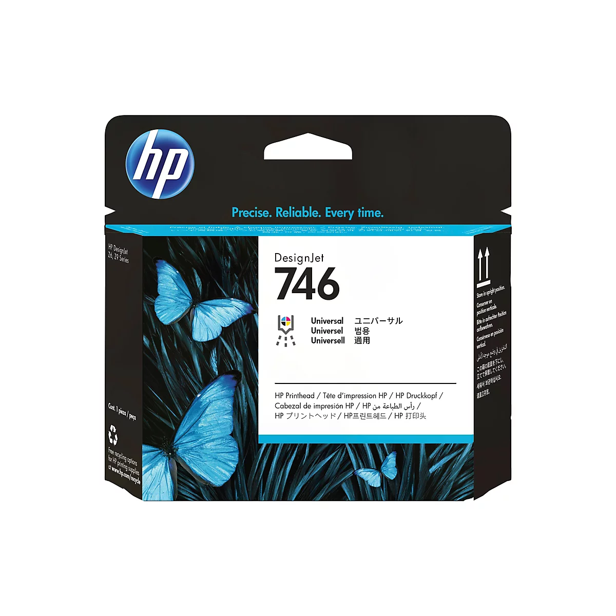 HP DesignJet 746 Tintenpatrone, verpackt. Auf der Verpackung sind blaue Schmetterlinge auf einem dunklen Hintergrund abgebildet, die Marke HP und der Text "Precise. Reliable. Every time."