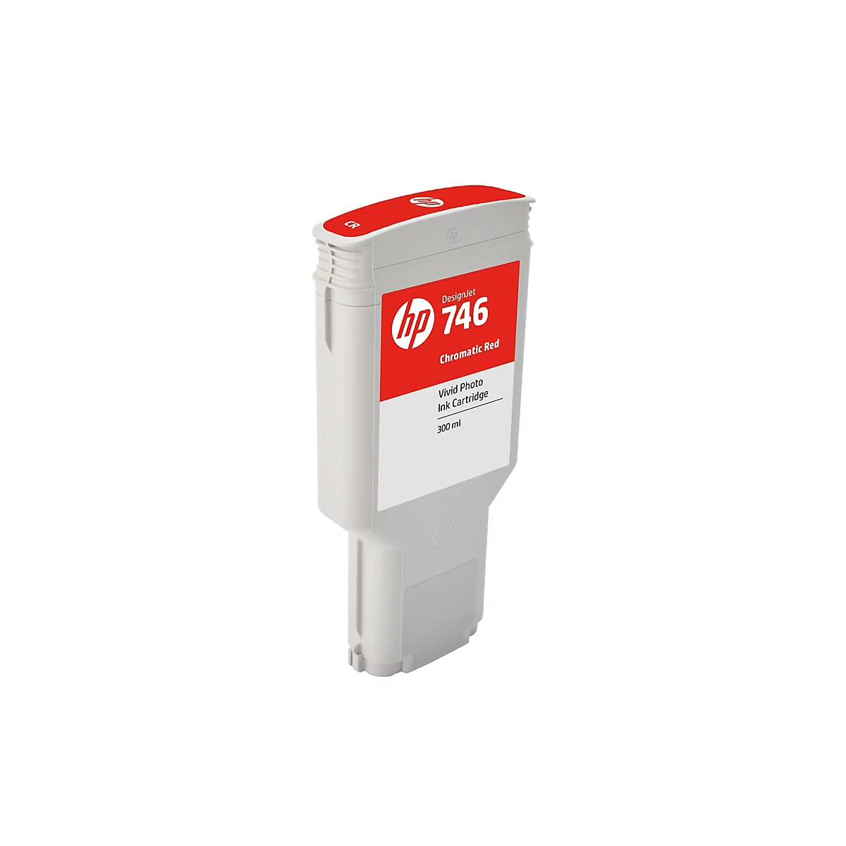 Graue HP Designjet 746 Tintenpatrone, rot-weißes Etikett mit Bezeichnung.