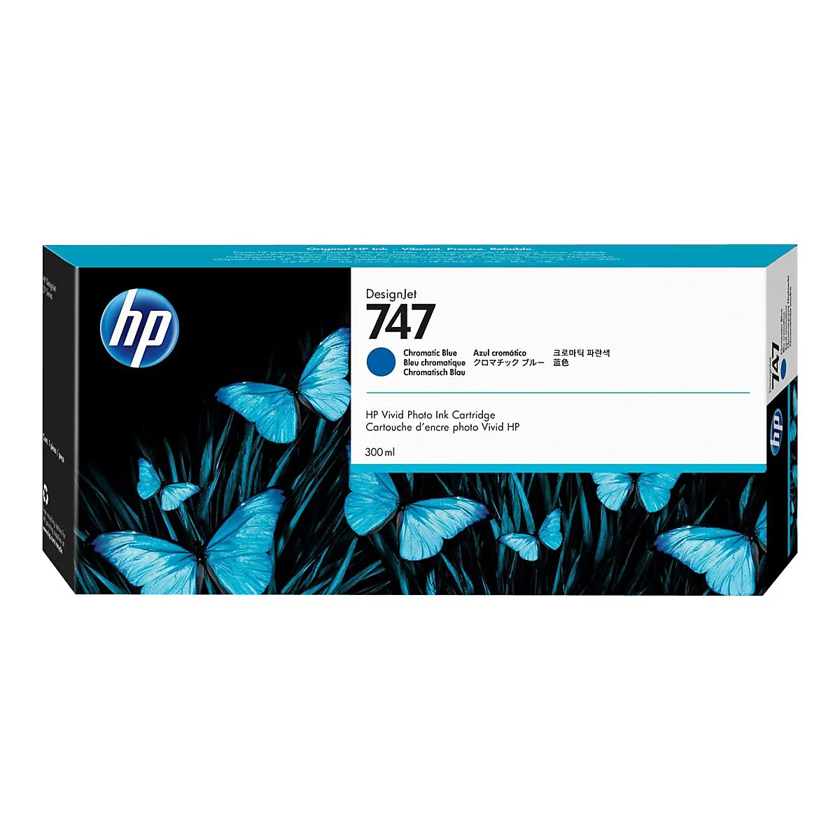 Eine HP-Tintenpatronenverpackung mit blauen Schmetterlingen vor schwarzem Hintergrund. Aufschrift: Designjet 747.