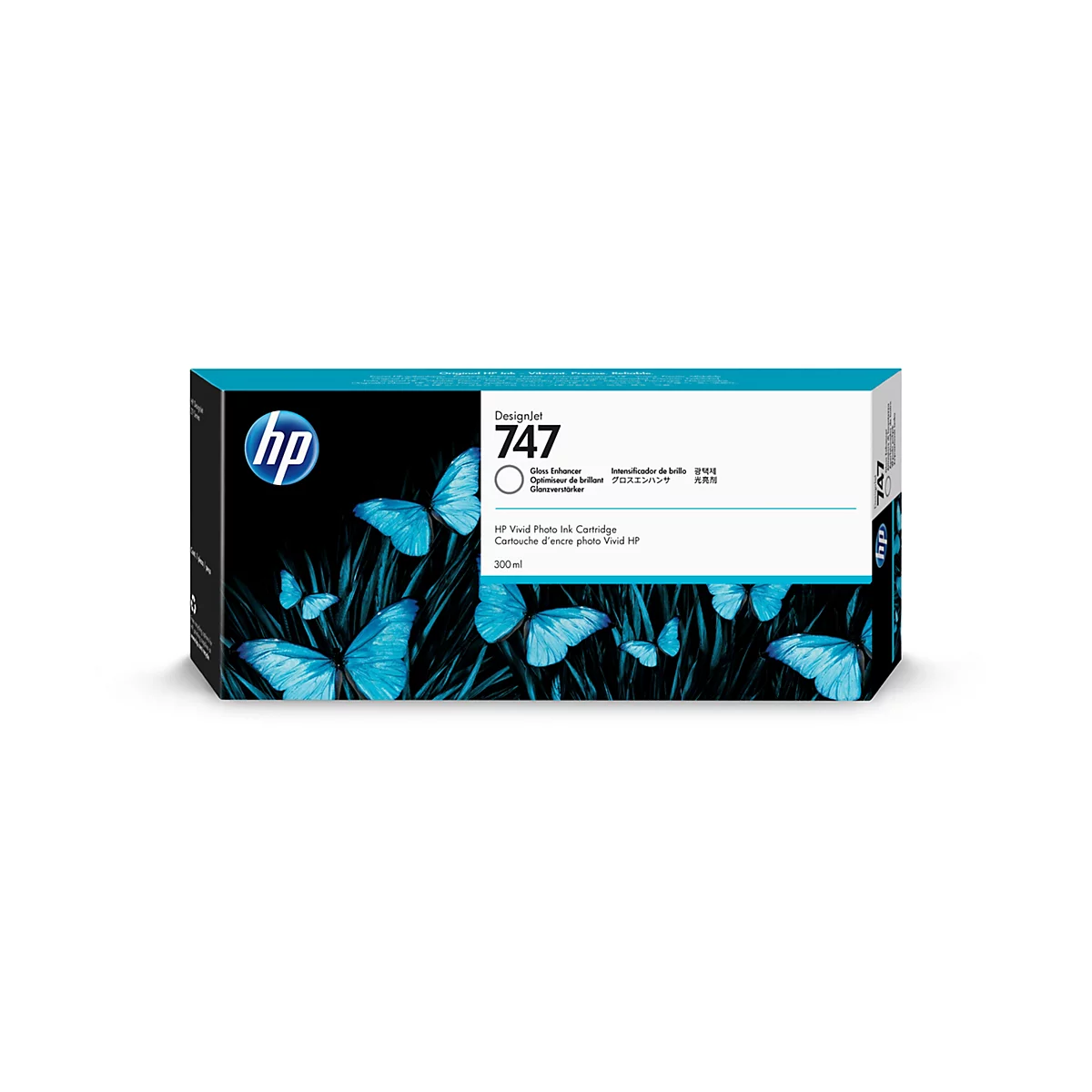 Eine Produktverpackung der Marke HP. Auf der Verpackung befinden sich blaue Schmetterlinge vor schwarzem Hintergrund. Der Schriftzug "DesignJet 747" ist deutlich zu erkennen.