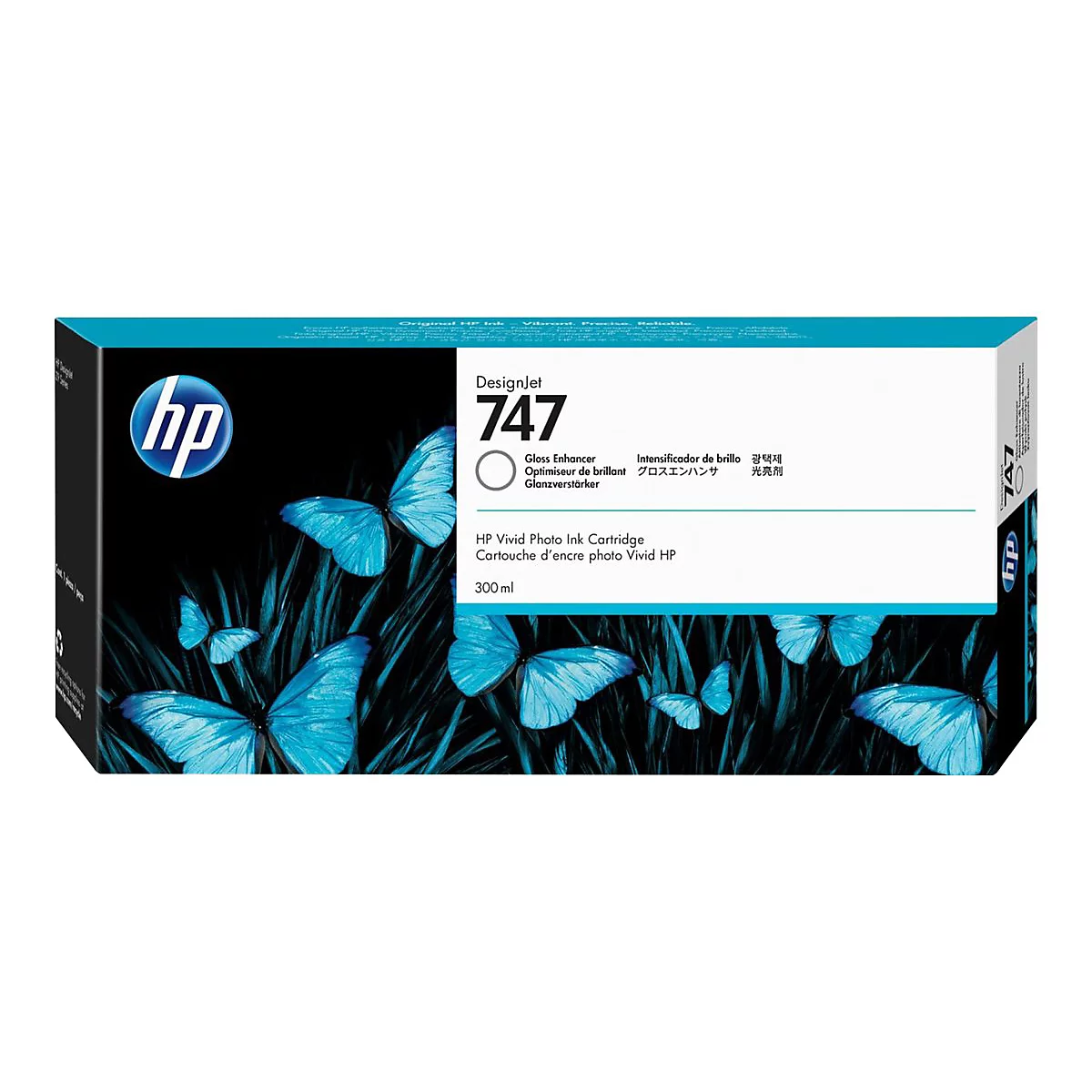 HP Tintenpatrone Designjet 747. Auf der Verpackung sind blaue Schmetterlinge vor schwarzem Hintergrund abgebildet.