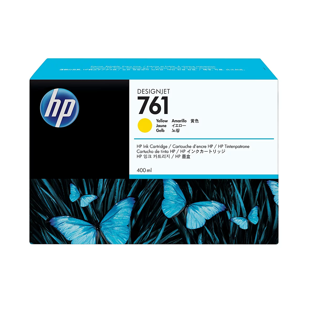 Gelbe HP Designjet 761 Tintenpatrone, 400 ml. Auf schwarzem Hintergrund blaue Schmetterlinge.