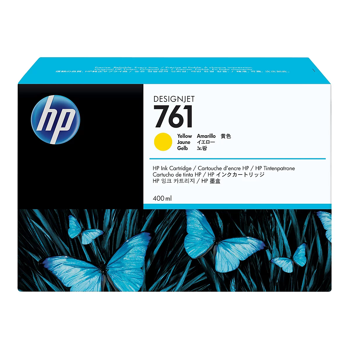Verpackung einer gelben HP 761 Tintenpatrone für einen Designjet-Drucker, mit blauem Schmetterlingsmuster. Auf der Packung steht "HP" Logo, der Titel "DESIGNJET 761", die Farbe "Yellow".