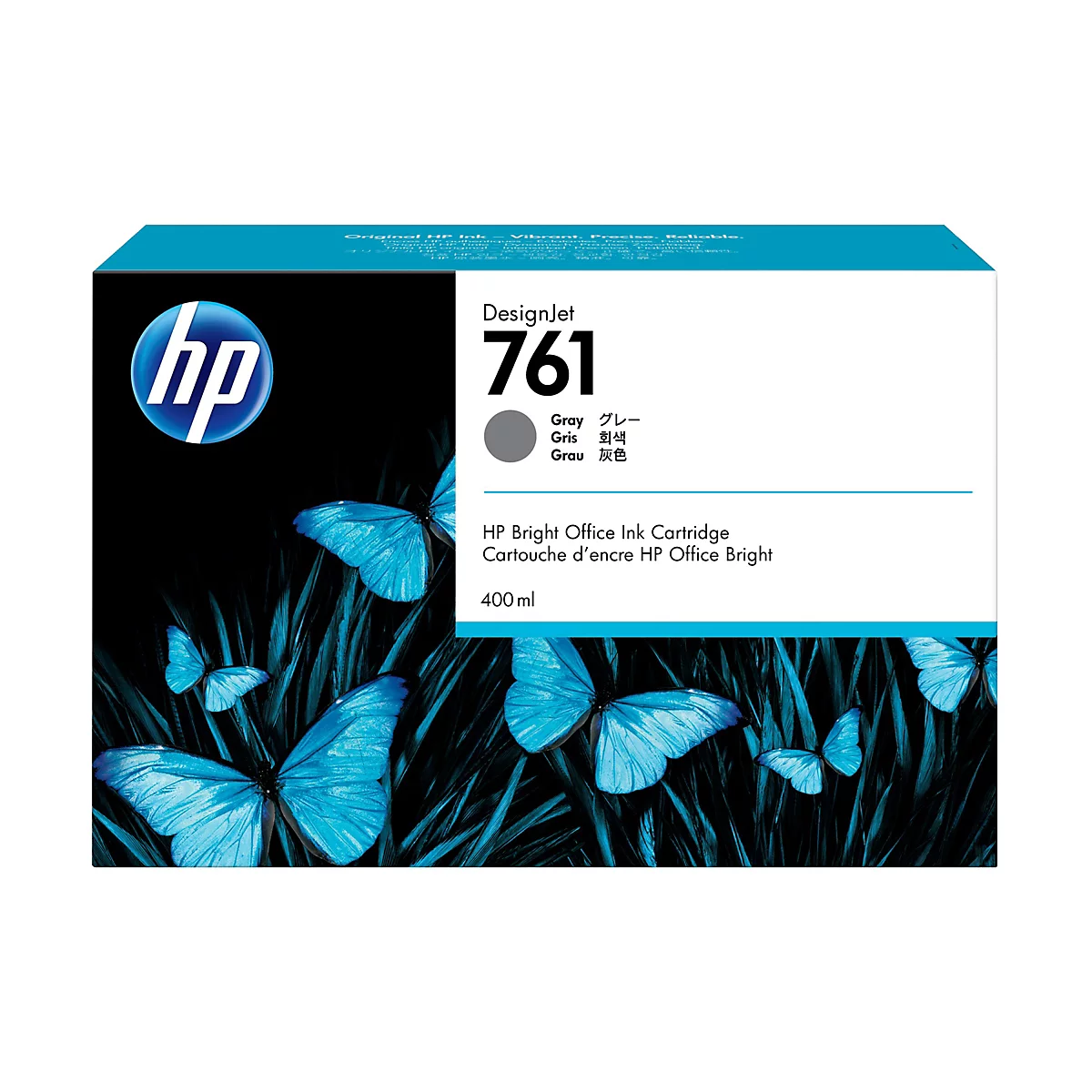 HP DesignJet 761 Tintenpatrone, vor schwarzem Hintergrund blaue Schmetterlinge.