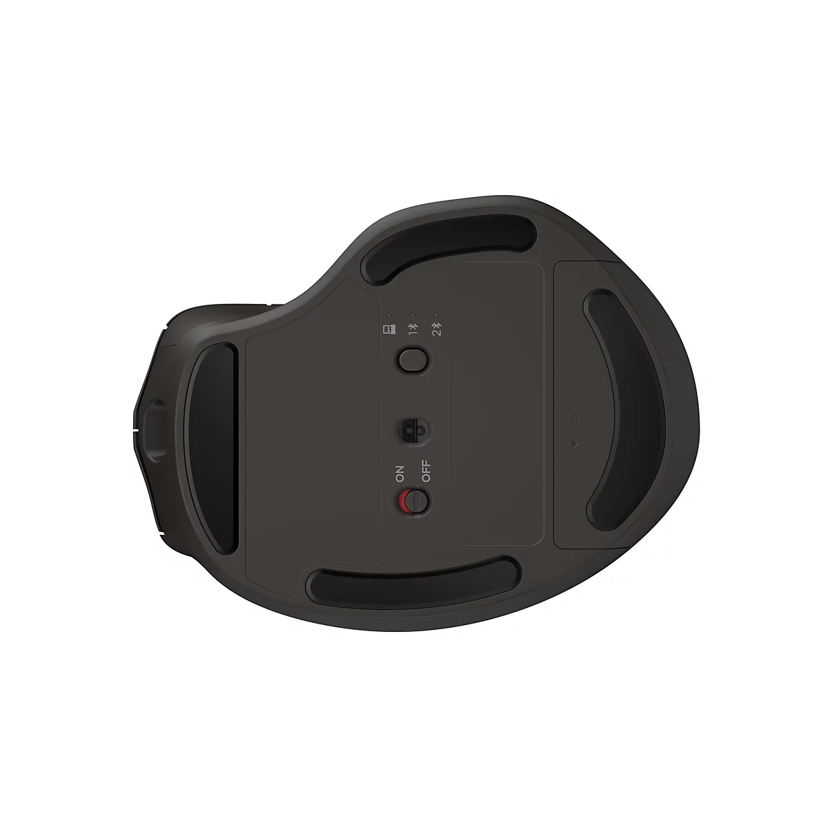 Draufsicht auf eine graue, ergonomische Maus. Auf der Unterseite befinden sich der Ein-/Ausschalter, Knöpfe und Schieberegler.