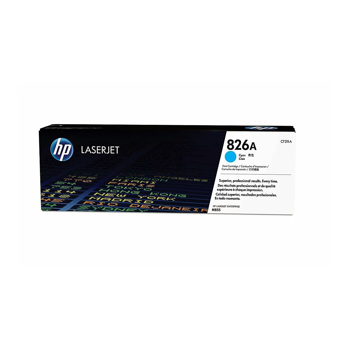 Eine HP Laserjet Druckerpatrone, Cyan. Aufschrift '826A' und 'CF311A'.