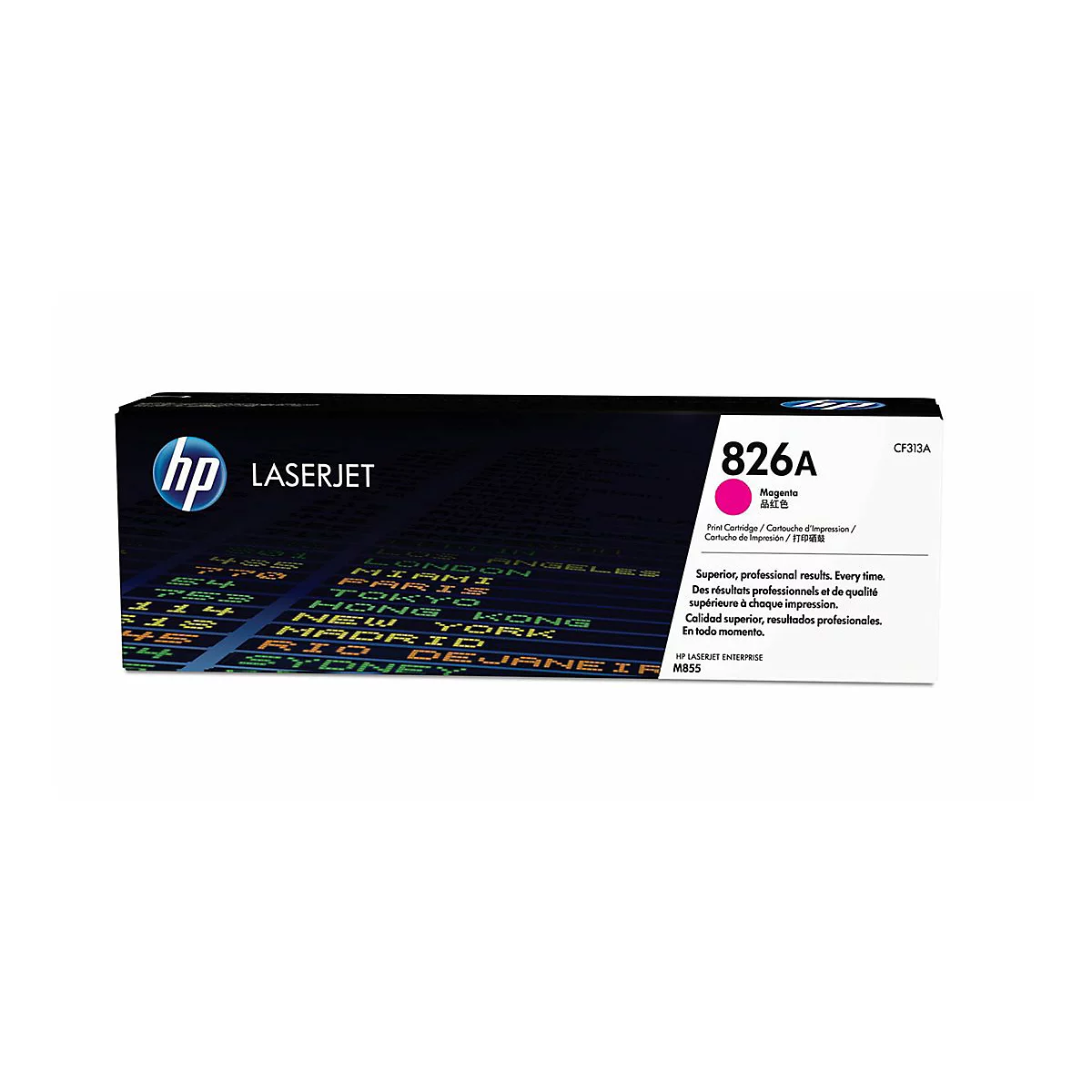 HP 826A Magenta Tonerpatrone. Schwarzer Karton mit Logo, Produktbezeichnung, und Details.
