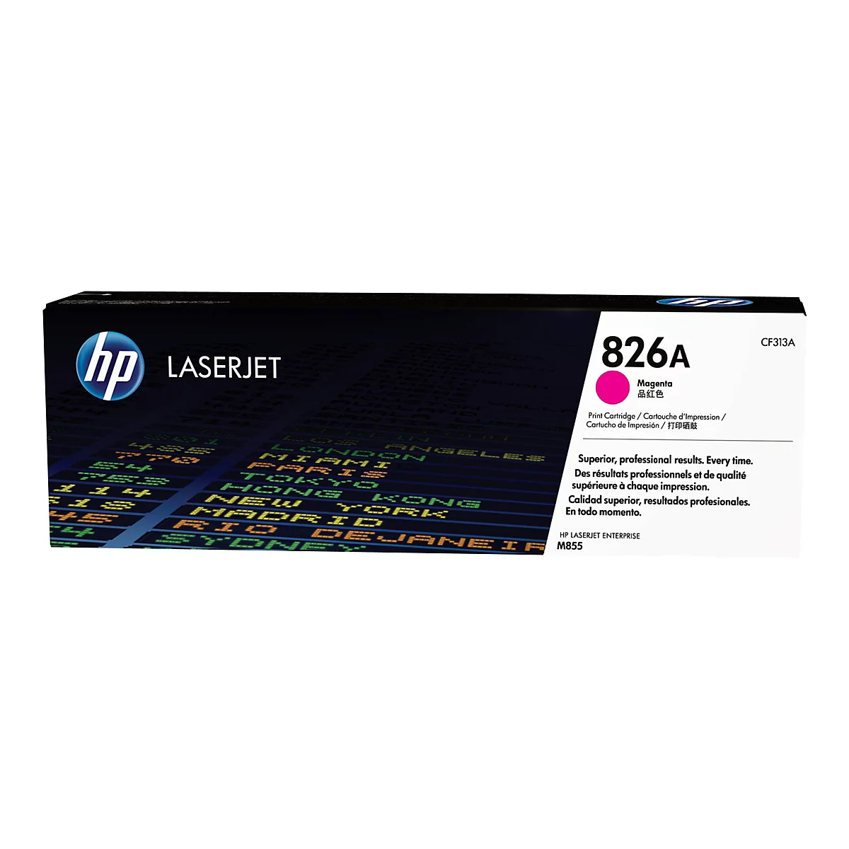 HP LaserJet 826A Magenta Tonerkartusche, Vordergrund mit weißem Hintergrund. Aufdrucke: HP, LaserJet, Magenta, CF313A.