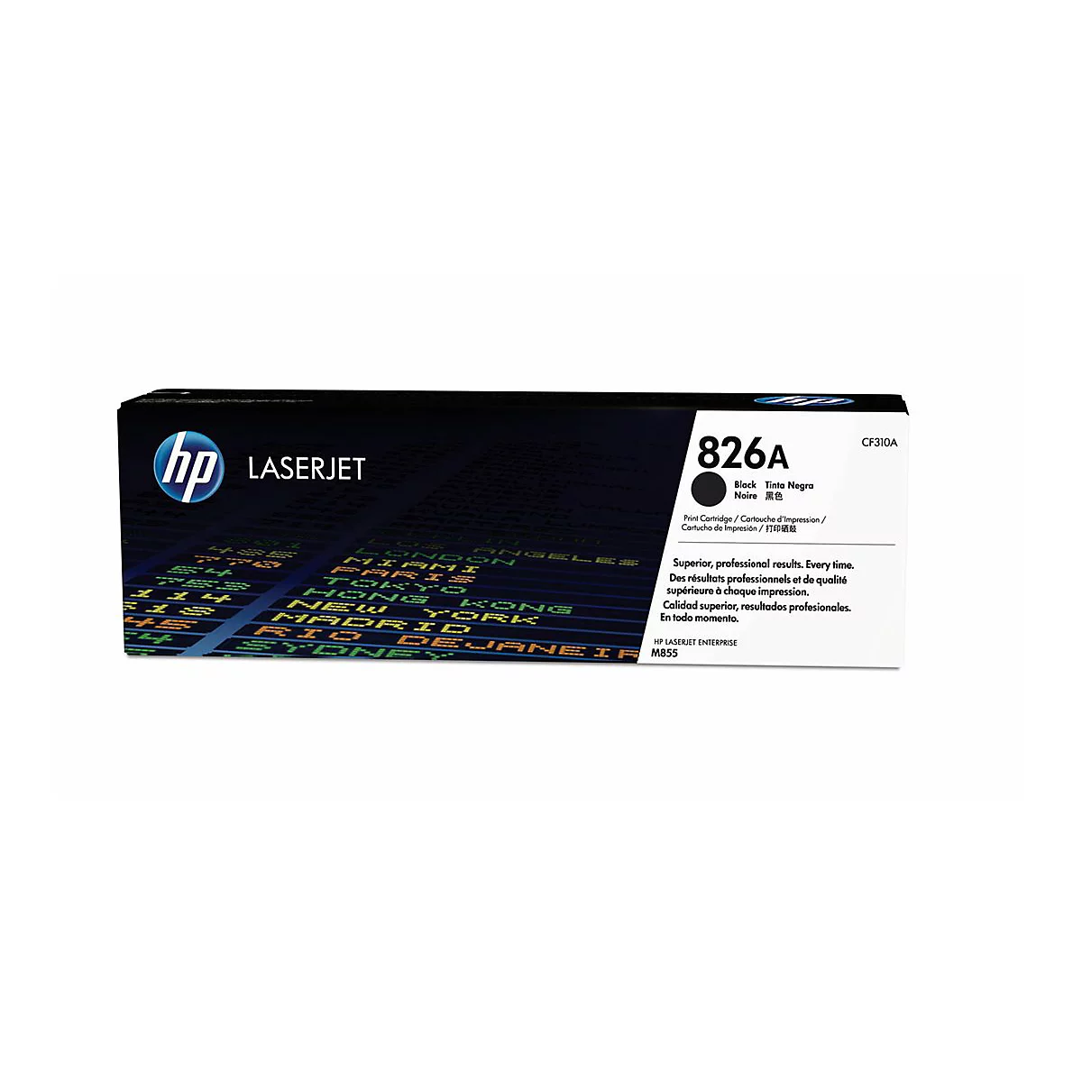 Schwarze HP Laserjet Tonerkartusche, 826A, auf weißem Hintergrund. Text: "Superior, professional results. Every time."