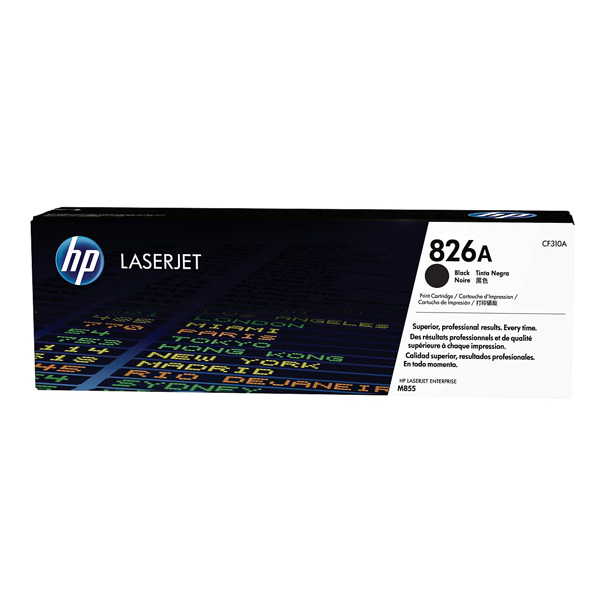 Schwarze HP LaserJet 826A Tonerkartusche, mit Text wie: 'Superior, professional results.' und einer Hintergrundgrafik mit Städtenamen.