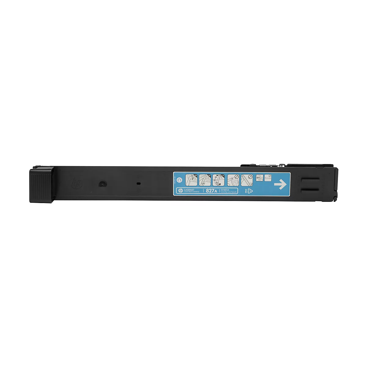 Schwarze Tonerkartusche, blau gekennzeichnet. Aufdruck: HP LaserJet 827A.