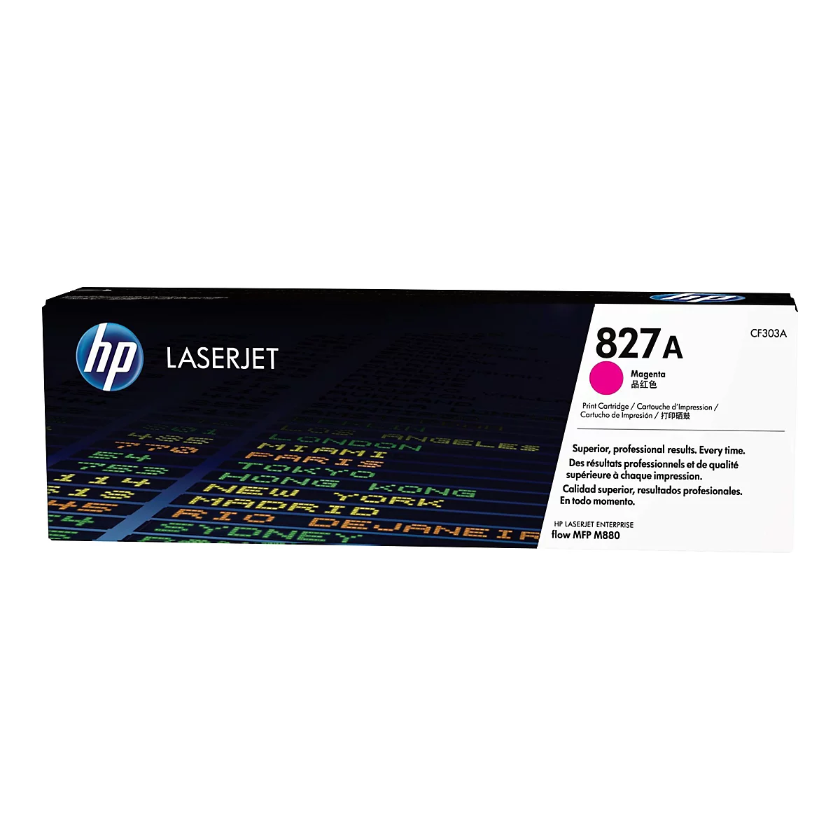 Eine HP Laserjet 827A Magenta Tonerkartusche mit Text und Logo. Der Hintergrund ist ein dunkles Muster aus Stadt- und Ankunftszeiten.