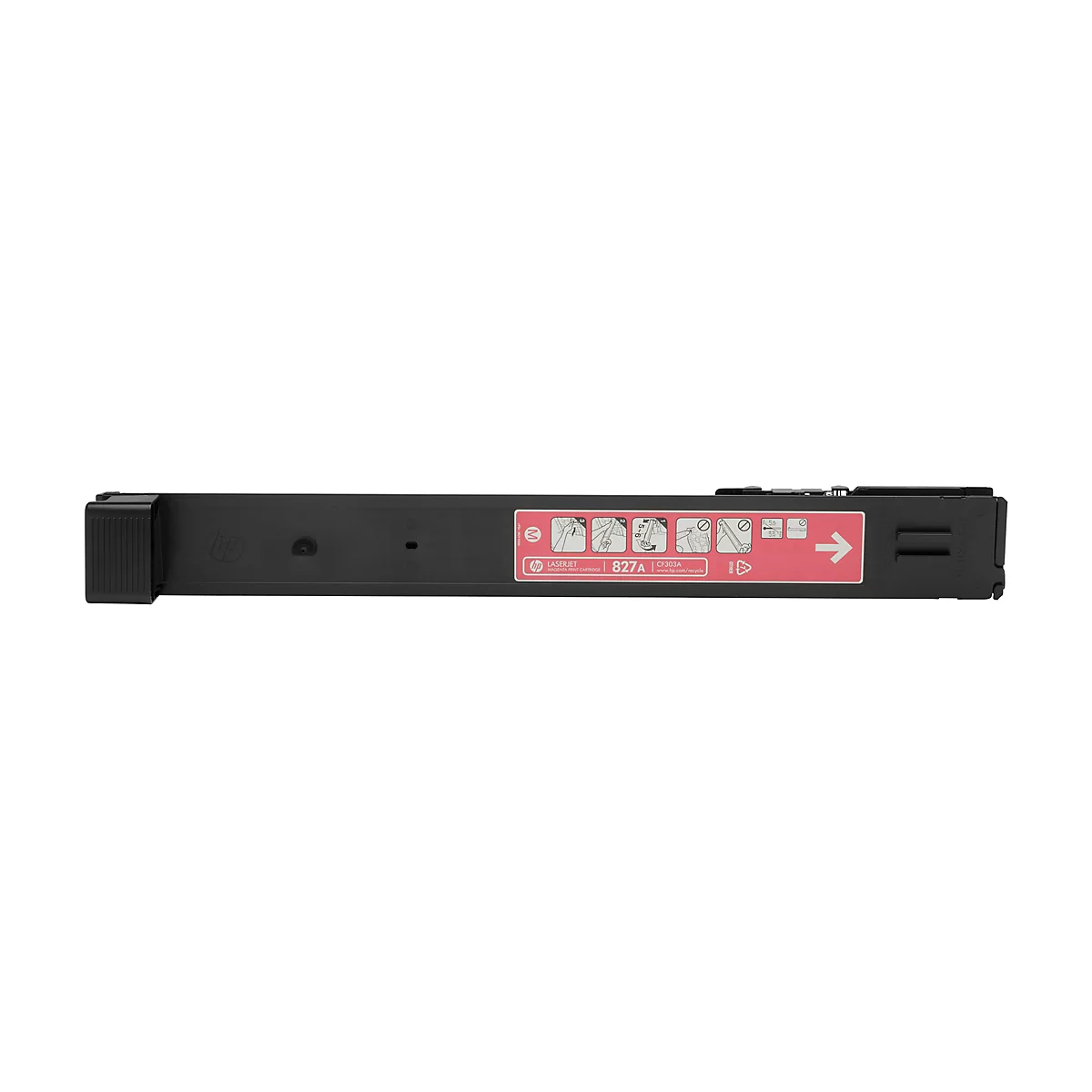 Schwarze HP-Tonerkartusche mit pinkfarbener Markierung und weißem Hintergrund. Aufdruck: 827A.