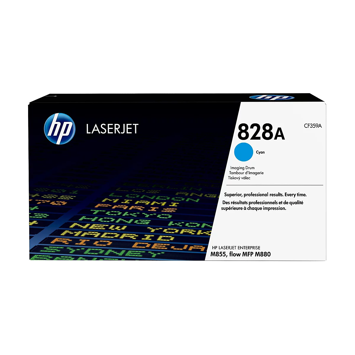 Eine HP Laserjet-Tonerpatrone in Cyan, mit der Aufschrift 828A und der Produktbezeichnung CF359A.