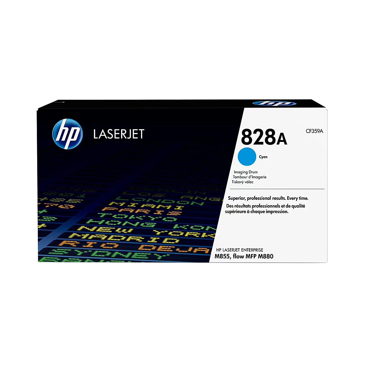 Eine schwarze HP LaserJet Toner Kartusche mit cyanfarbener Tintenanzeige. Auf dem Karton steht '828A' und 'CF359A'.