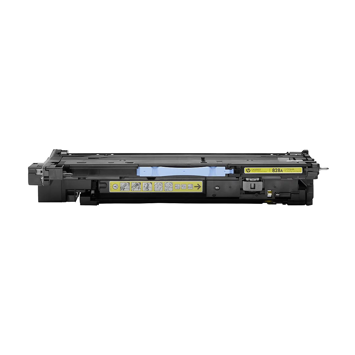 Schwarze HP 828A Tonerkartusche vor weißem Hintergrund. Aufdruck: LaserJet, 828A, Yellow Imaging Drum. Gelbe Warnhinweise.