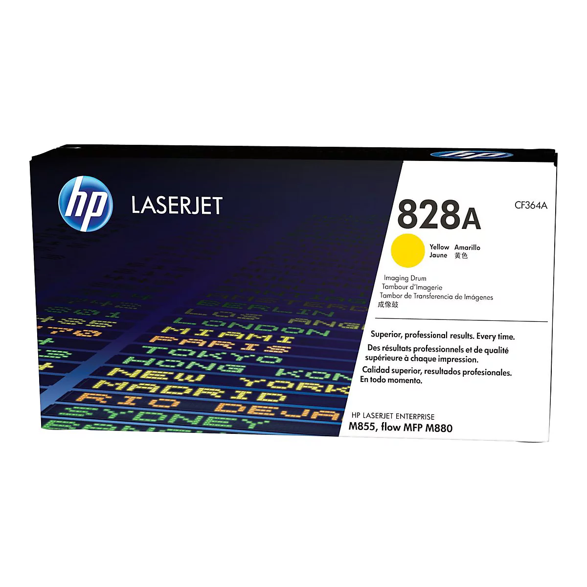 HP 828A LaserJet Toner-Kartusche. Schwarz, Gelb und weitere Farben. Aufdruck mit Städte-Namen.
