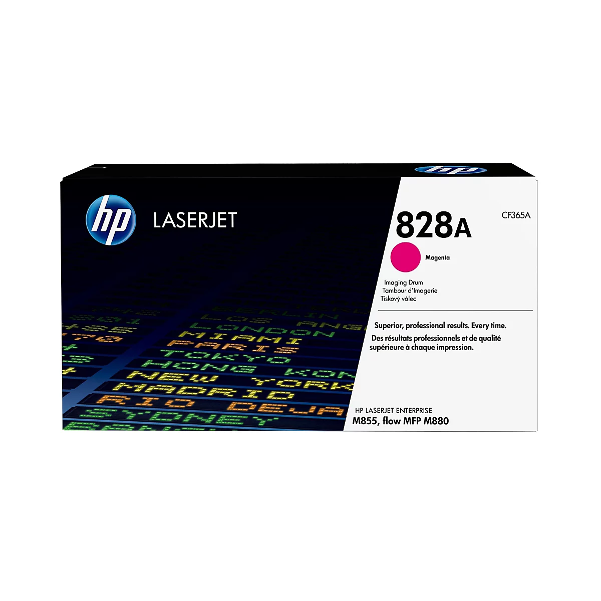 Eine schwarze HP LaserJet Druckerpatrone mit dem Logo links oben und der Bezeichnung 828A in Magenta. Aufdrucke mit technischen Informationen.