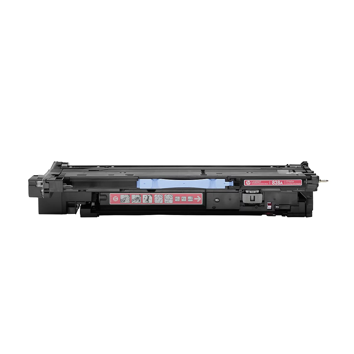Schwarze HP 828A Tonerkartusche auf weißem Hintergrund. Auf der rechten Seite sind ein HP-Logo und die Aufschrift "828A" zu sehen.