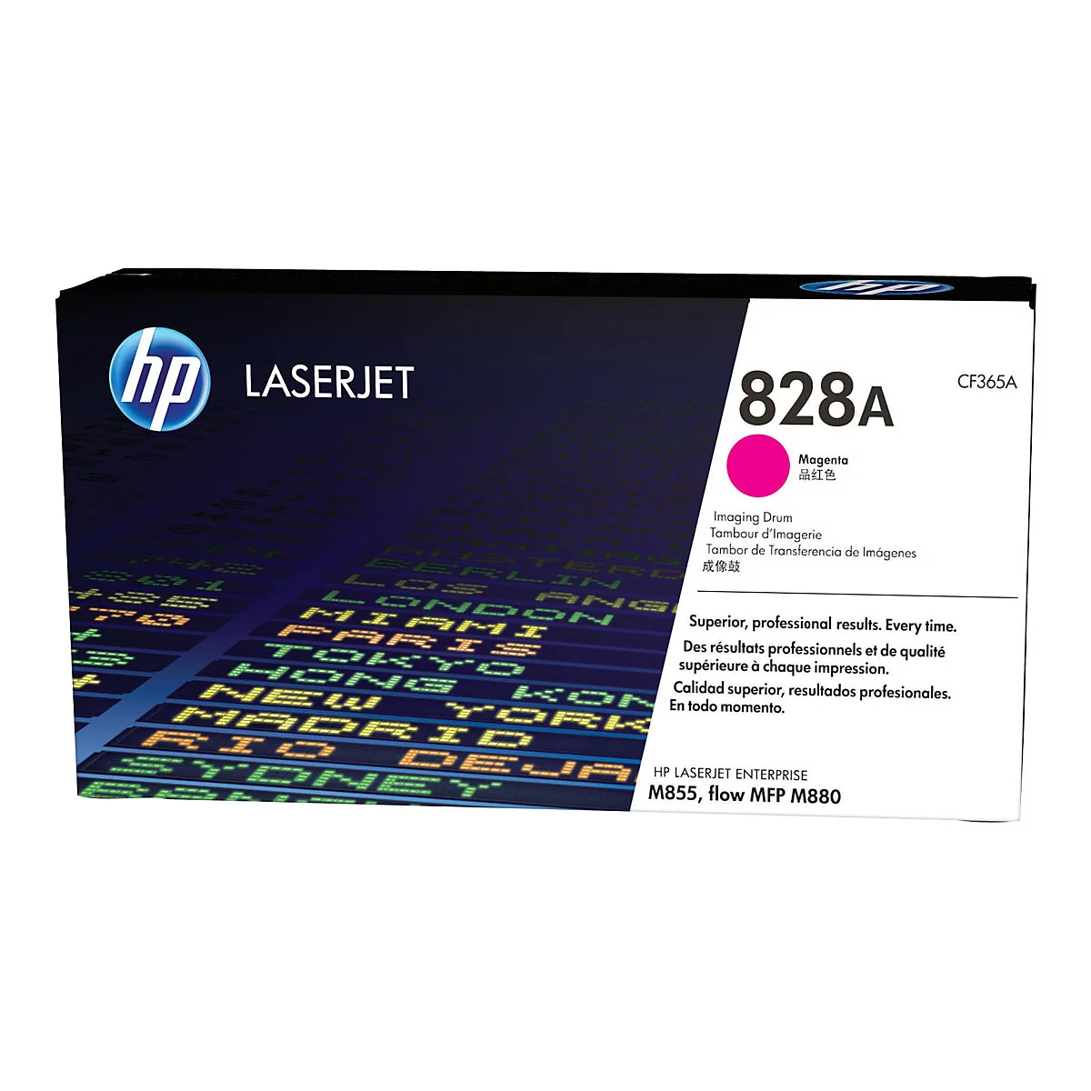 Schwarze HP LaserJet 828A Tintenpatrone mit magentafarbenem Feld. Die Verpackung zeigt das HP-Logo und Schriftzüge.