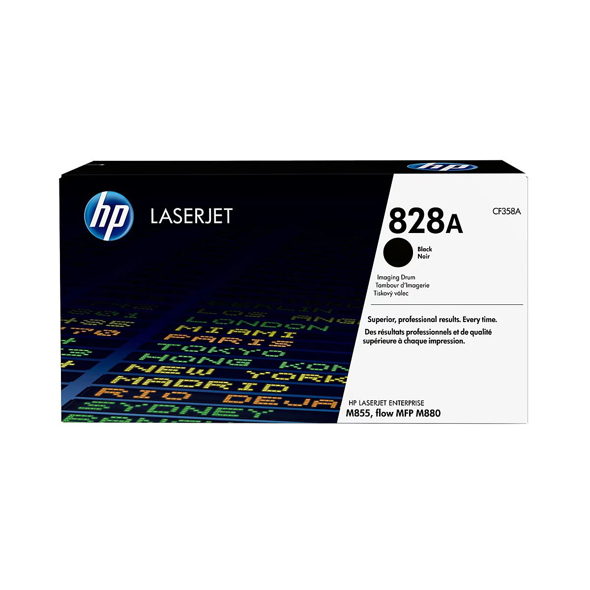 Schwarze HP LaserJet 828A Tonerkartusche. Schwarze Schrift auf dem Produkt mit Städtenamen auf dem Hintergrund.