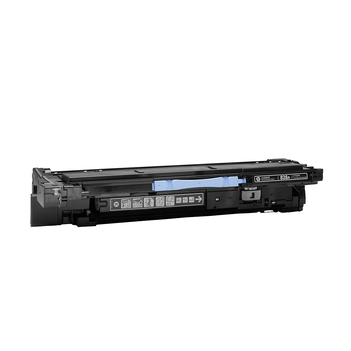 Schwarze Tonerkartusche, teilweise blau, vor weißem Hintergrund. Aufdruck: HP LaserJet, 828A, CF358A.