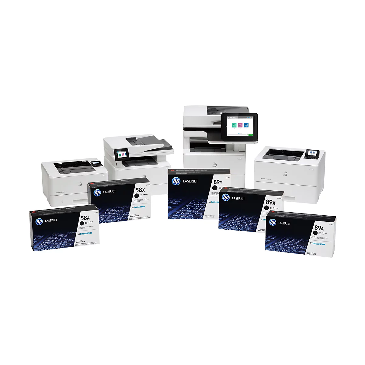 Plusieurs imprimantes laser HP et cartouches de toner sont présentées sur fond blanc. Deux imprimantes affichent des écrans de style tactile.