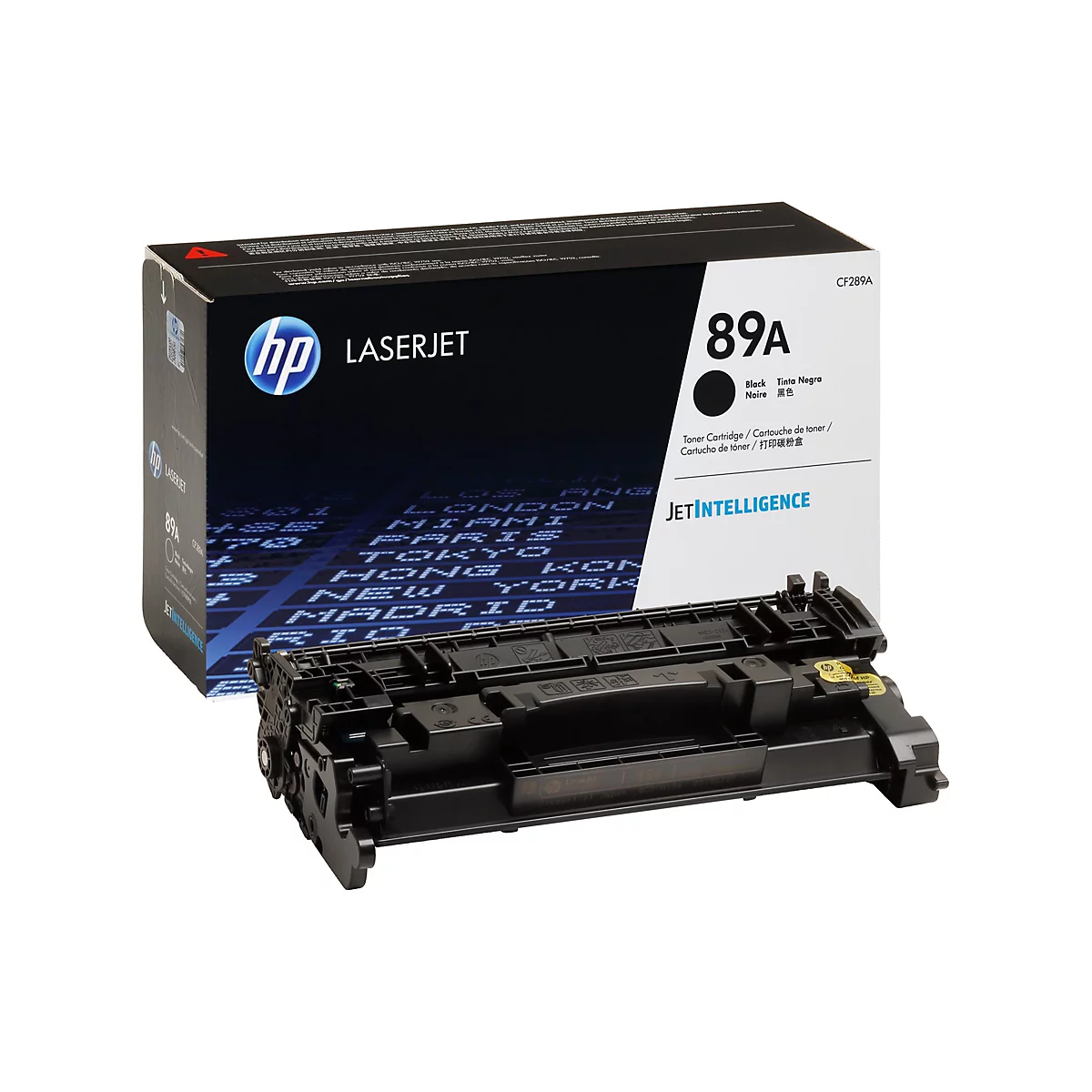 Cartouche de toner HP 89A noire et son emballage, nom du produit. Texte sur le produit : LaserJet, JetIntelligence.
