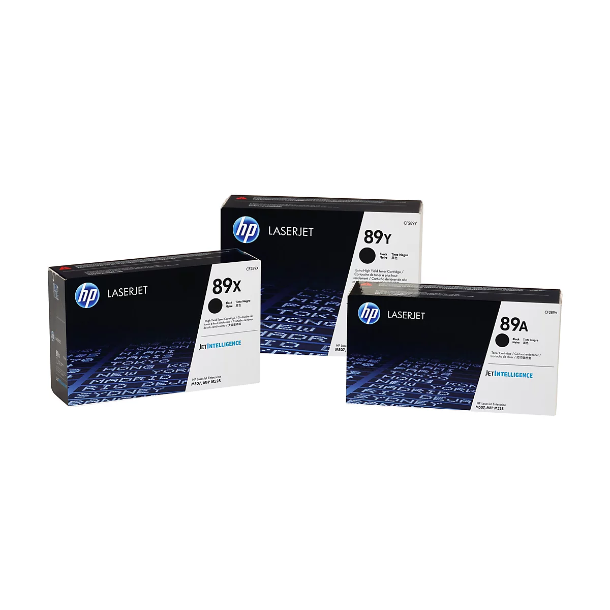 Trois cartouches de toner HP Laserjet noires côte à côte. Toutes portent le logo HP, le mot "LASERJET" et une désignation telle que "89x" ou "89A".