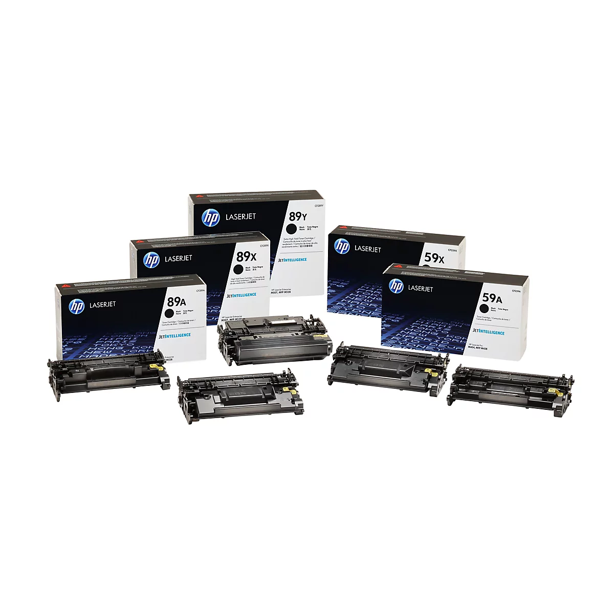 Plusieurs cartouches de toner HP LaserJet et leurs composants sur fond blanc. Les cartouches sont noires avec des lettres blanches.