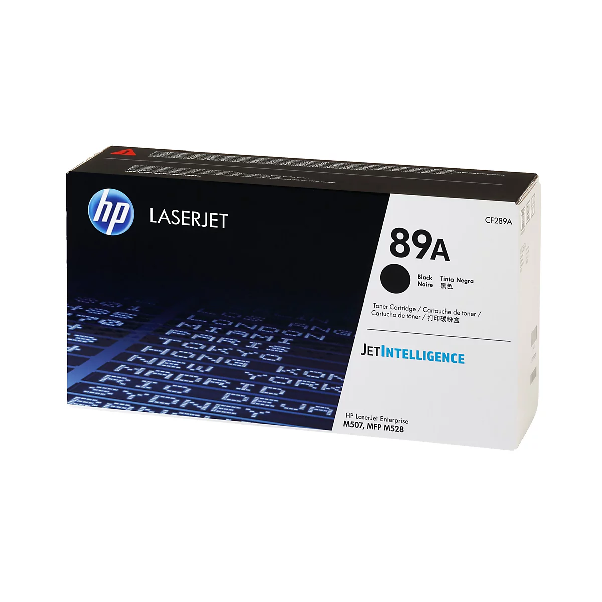 Eine schwarze HP Laserjet Tonerkartusche 89A vor weißem Hintergrund. Auf der Schachtel steht "Laserjet", "89A Black", sowie die Modellnummern.