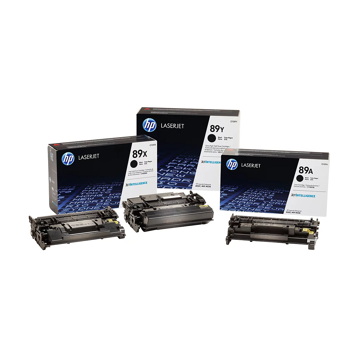 Mehrere HP Laserjet Tonerkartuschen und -verpackungen vor weißem Hintergrund.