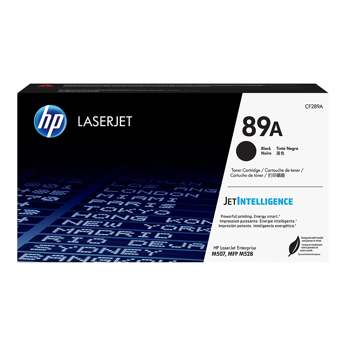 Schwarze HP 89A Toner Kartusche. Schwarze Box mit Logo, Produktbezeichnung, und Details vor blauem Hintergrund.