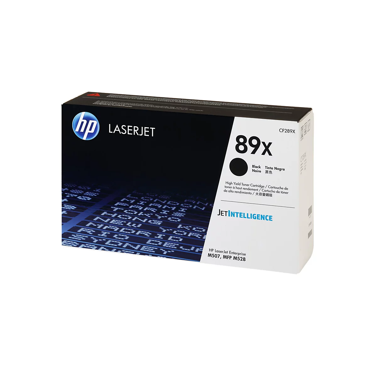 Eine HP Laserjet 89X Tonerkartusche. Auf der Verpackung steht "Laserjet", "89X" und "Black".