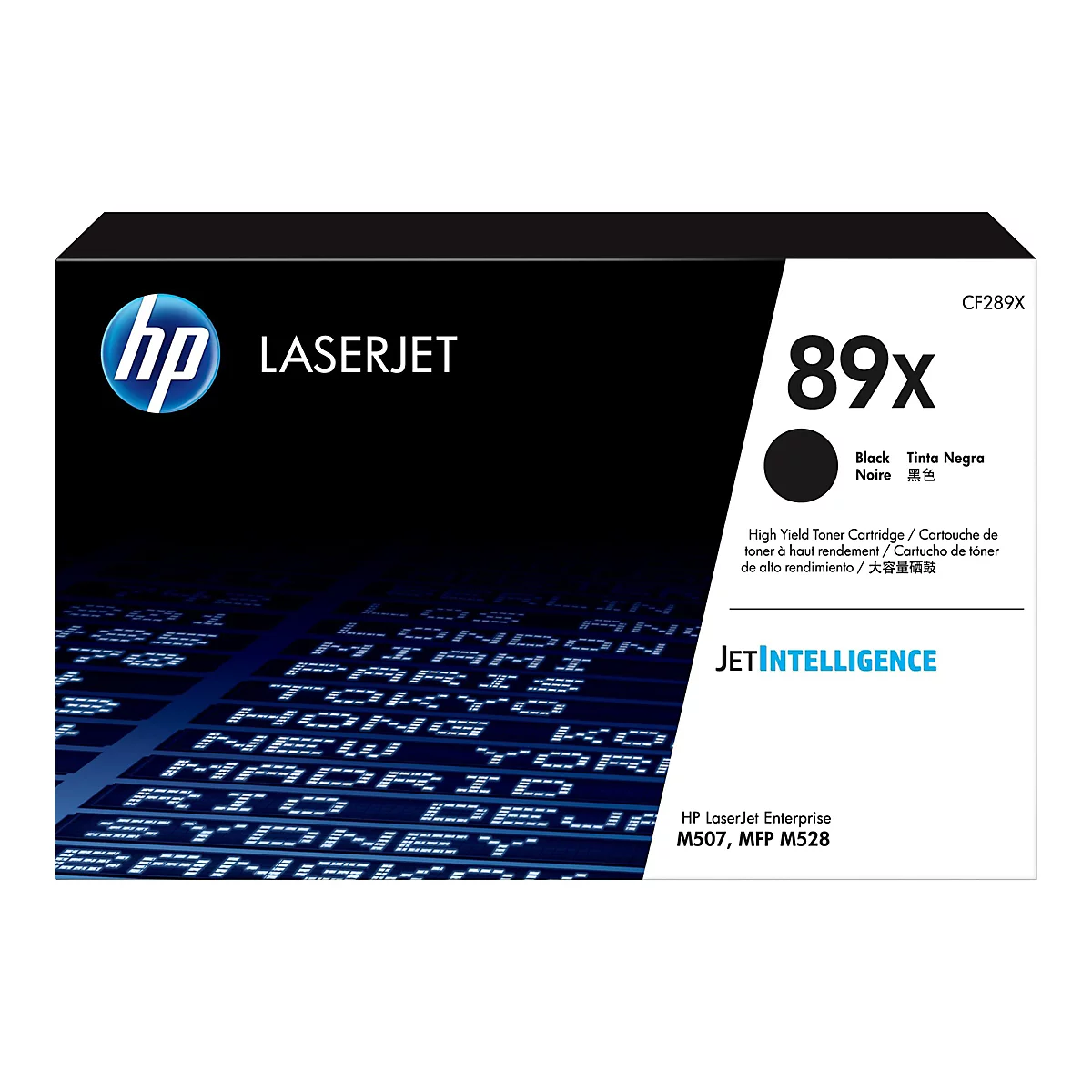 Eine HP LaserJet Tonerpatrone, Produkt CF289X. Auf der Verpackung steht "89x", "Black", "JetIntelligence".
