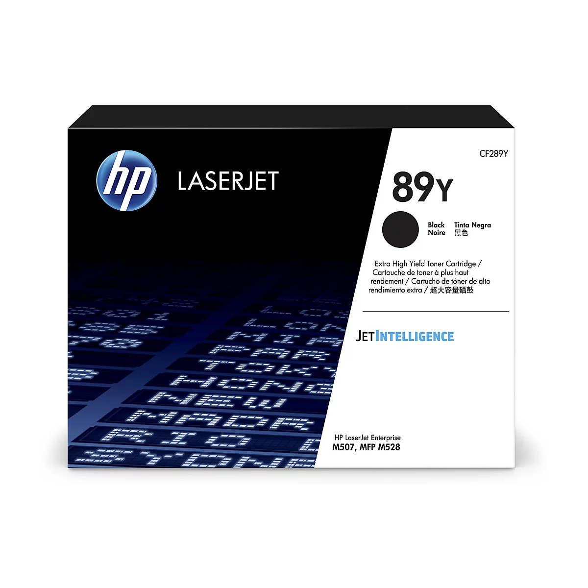Schwarze HP 89Y Toner-Kartusche, auf weißem Hintergrund. Mit Produktinformationen und Logo.